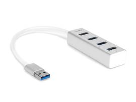 ROCSTOR PREMIUM PORTABLE 4 PORT SUPERSPEED MINI USB 3.0 HUB - ALUMINUM SILVER - 6 IN MINI HUB WITH BUILT-IN SUPERSPEED CABLE 5GBPS - 4 USB 3.0
