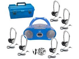 VCOM 6-STATION LISTENING CENTER WITH AUDIOACE BOOMBOX, 6 PERSONAL-SIZED HEADPHONES WITH LEATHERETTE EAR CUSHIONS, JACKBOX AND CARRY CASE