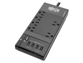 TRIPP SAFE-IT 6-OUTLET SURGE PROTECTOR RETRACTABLE USB CHARGER 5-15R OUTLETS 4 USB CHARGING PORTS 8 FT. 2.4 M CORD ANTIMICROBIAL PROTECTION