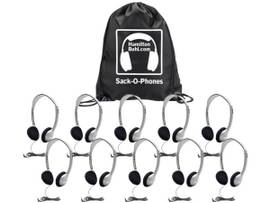 VCOM SACK-O-PHONES, 10 HA2 PERSONAL HEADPHONES, FOAM EAR CUSHIONS IN A CARRY BAG