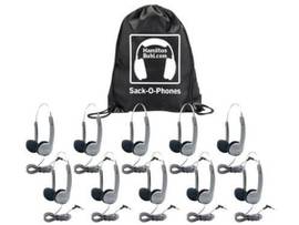 VCOM SACK-O-PHONES, 10 HA1A PERSONAL HEADSETS, WIRE HEAD BAND FOAM EAR CUSHIONS IN A CARRY BAG