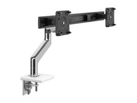 M8.1 MONITOR ARM FOR DUAL MONITORS, COMBO CLAMP AND BOLT-THROUGH MOUNT, POLISHED ALUMINUM WITH WHITE TRIM