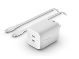 BELKIN 65W DUAL USB-C GAN WALL CHGR, W/PVC 5A, C-C, 2M WH