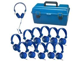 VCOM HAMILTONBUHL LAB PACK - 12 BLUE FAVORITZ HEADSETS WITH IN-LINE MICROPHONE AND TRRS PLUG IN A SMALL CARRY CASE