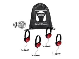 VCOM HAMILTONBUHL SACK-O-PHONES, 4 BLUE PRIMO HEADPHONES AND 3.5MM JACKBOX