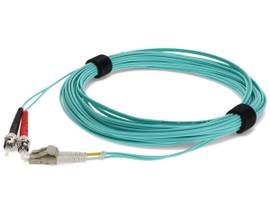 This is a 3m LC (male) to ST (male) aqua duplex riser-rated fiber patch cable. A