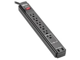 TRIPP SAFE-IT 6-OUTLET SURGE PROTECTOR 2 USB PORTS 10 FT CORD 5-15P PLUG 990 JOULES ANTIMICROBIAL PROTECTION BLK