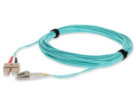 This is a 7m LC (male) to SC (male) aqua duplex riser-rated fiber patch cable. A