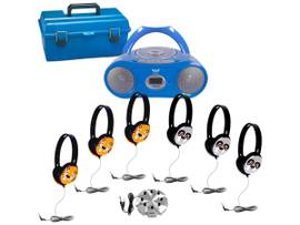 VCOM 6-STATION LISTENING CENTER WITH AUDIOACE BOOMBOX, (3) PRIMO TIGER AND (3) PANDA HEADPHONES, JACKBOX, AND CARRY CASE