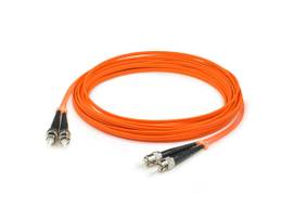 This is a 1m ST (male) to ST (male) orange duplex riser-rated fiber patch cable.