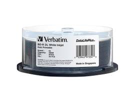 VERBATIM BD-R DL 50GB 8X, WHITE LABEL, DATALIFE+, WHITE INKJET HUB PRINTABLE, 25PK SPINDLE