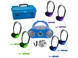 VCOM HAMILTONBUHL 6-STATION LISTENING CENTER WITH AUDIOACE BLUETOOTH BOOMBOX, 6 COLORFUL SCHOOLMATE PERSONAL-SIZED HEADPHONES, JACKBOX AND CARRY CASE