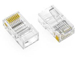 AXIOM RJ45 CAT5E UTP FEED-THRU PLUG, SOLID/STRANDED WIRE, 50 MICRON, 100-PACK