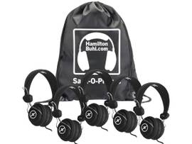 VCOM HAMILTONBUHL SACK-O-PHONES, 5 BLACK FAVORITZHEADSETS WITH IN-LINE MICROPHONE AND TRRS PLUG