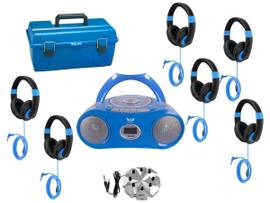 VCOM 6-STATION LISTENING CENTER WITH AUDIOACE BOOMBOX, JACKBOX AND SMART-TREK DELUXE HEADPHONES WITH BLUE ACCENTS