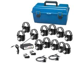 VCOM 12-STATION WIRELESS LISTENING CENTER WITH WIRELESS MULTI-CHANNELED TRANSMITTER AND HEADPHONES