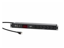 MONOPRICE 14 OUTLET METAL 1U RACKMOUNT PDU POWER DISTRIBUTION UNIT WITH AMPERE METER_ 8 REAR 6 FRONT NEMA 5-15R OUTLETS_ 15A CIRCUIT BREAKER_ 6FT CORD