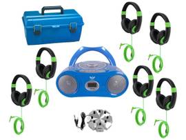 VCOM 6-STATION LISTENING CENTER WITH AUDIOACE BOOMBOX, JACKBOX AND 6 SMART-TREK DELUXE HEADPHONES WITH GREEN ACCENTS