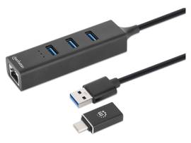 INTRACOM USBA MALE WITH ATTACHABLE USBC MALE ADAPTER TO RJ45 FEMALE AND THREE USBA FEMALES
